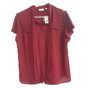 New York & Company Womens Blouse XL Red Ruffle Collar Tie Neck Short Sleeve NWT